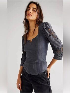 Free People Romantic Brunch Date Henley in Grey Size Small